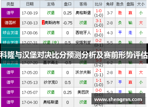 科隆与汉堡对决比分预测分析及赛前形势评估